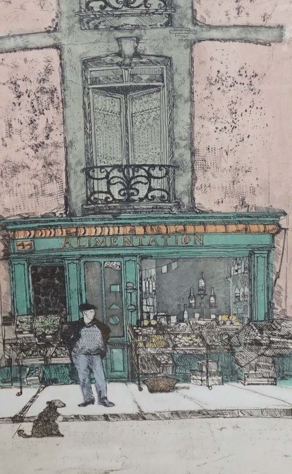 Richard Beer, coloured etching, 'Alimentation', signed in pencil, 30/70, 62 x 40cm